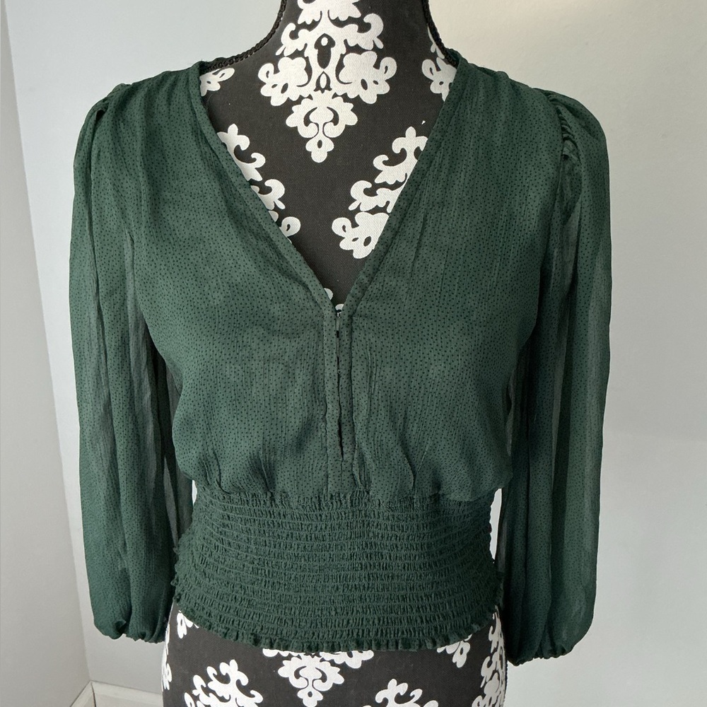 Abercrombie & Fitch Dark Green V-Neck Smocked Waist Blouse
